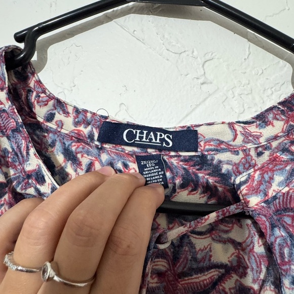Chaps Blue & Pink Floral 3/4 Sleeve Tie Neck Boho Peasant Blouse Top Sz 2X - Picture 7 of 7